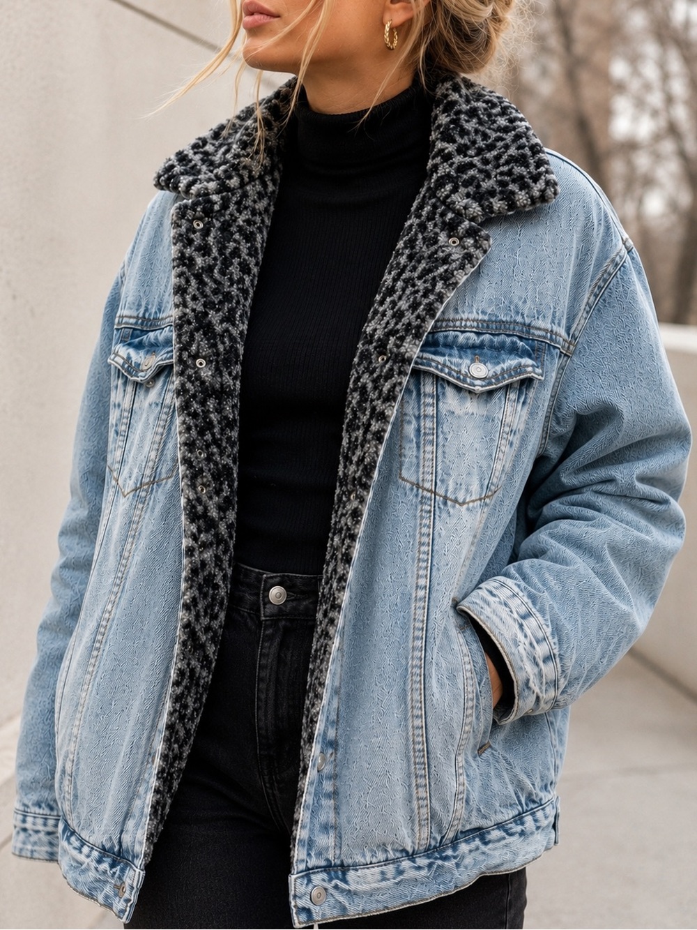 Free People We The Free Denim Oversized Leopard Sherpa Trucker Jacket Small